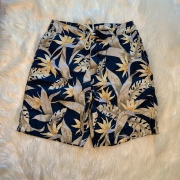 Nautica Swim Trunks Navy Blue Yellow Floral - Picture 2 of 7